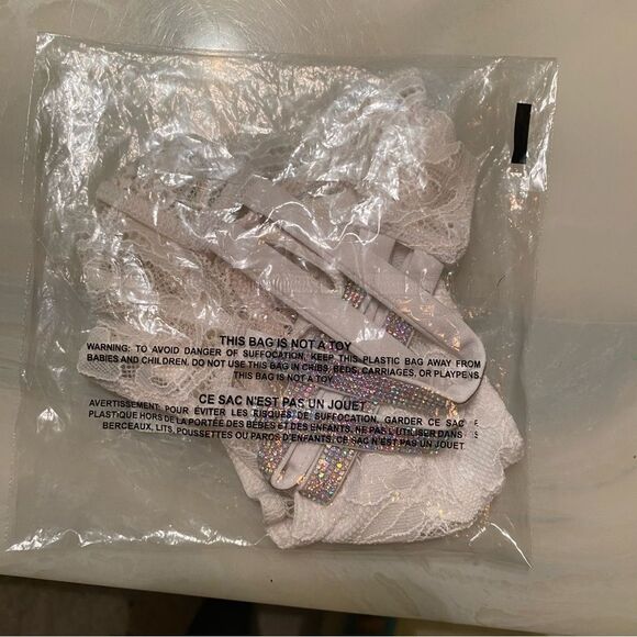 Victoria’s Secret Women’s L Double Shine‎ Rhinestone Strap Lace Thong White New - Picture 3 of 8